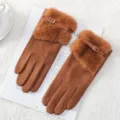Women's winter warm gloves with faux fur cuff and stylish strap buckle design for cold weather. - Faux Mink Fur Leather Strap Style / Caramel color