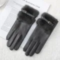 Women winter warm plush gloves grey faux suede cute student cold proof outdoor cycling gloves - Faux Mink Fur Leather Strap Style / Gray