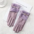 Women winter warm gloves with plush cuff, stylish purple touch screen design for cold weather. - Faux Mink Fur Leather Strap Style / Purple