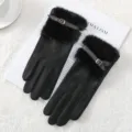 Womens winter warm touch screen gloves, fleece lined thick cold weather black gloves. - Faux Mink Fur Leather Strap Style / Black