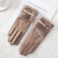Women winter warm gloves plush faux suede brown thick windproof cute cycling touch screen - Faux Mink Fur Leather Strap Style / Khaki