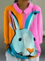 Women's casual long sleeve lapel blouse with vibrant color block and cute rabbit print design. - XS / Tops / Style 1 (Cartoon Rabbit Print)