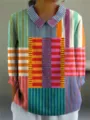Colorful striped patchwork long sleeve lapel shirt casual digital print women fashion top - XS / Tops / Style 3 (Multicolor Stripe Patchwork)