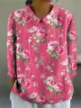 Camicetta casual da donna a maniche lunghe con risvolto e stampa floreale di rose - XS / Top / Stampa floreale a rosa vintage rosa