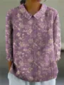 Violettes florales Langarm Hemd mit Umlegekragen für Damen Freizeit Frühling Herbst - XS / Oberteil (Violett mit goldfarbenen Ranken)