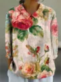 Damen Vintage Blumen Druck Langarm Bluse Freizeit Revers V-Ausschnitt Oberteil Mode. - Stil 5