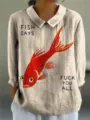 Beige long sleeve lapel shirt with unique goldfish and text print, casual streetwear style. - Red Goldfish English Print