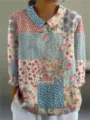 Vintage Blumen Patchwork Langarm Bluse mit Reverskragen lässiges schickes Top Damen Herbst - XS / Oberteil (Vintage Blumen-Punkt-Patchwork)