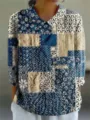 Damen Casual Langarm Patchwork Print V-Ausschnitt Revers Hemd Modisches Fruehling Top - XS / Oberteil (Blau-Weiß Sashiko Patchwork)