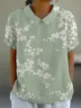 Grüne Damen Kurzarm Bluse mit süßem weißem Blumenmuster Vintage Revers lässiges Oberteil - XXS / Hellgrüner Druck (Stil 1)