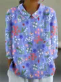 Damen Blumenmuster langärmlige Reversbluse hellblaues Freizeit Hemd Fruehling Variante - XS / Oberteile / Blauer Hintergrund Insekten-Pflanzen-Druck