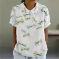 2025 Femme Casual Manches Courtes Revers Blouse Mignon Papillon Imprimé Ample Haut - XXS / Hauts / Imprimé Papillon Abstrait Bleu Vert (D758-12)