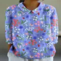 Damen Blumenmuster Revers Langarm Casual Bluse Vintage Blau Knopfleiste Hemd Top - Oberteil (Blau-Violett Blumen Schmetterling)