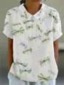 Blouse d'ete femme casual manches courtes revers avec design imprime abstrait chic. - XXS / Hauts / Imprimé Insecte Abstrait Bleu Vert (D758-1)