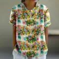 Chemisier femme imprimé floral, haut décontracté à manches courtes et col à revers chic. - XXS / Hauts / Imprimé Floral Beige Ruban Bleu (D758-2)