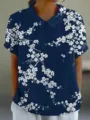 Damen Sommer Blumen Print Kurzarm Revers Bluse Lässiges dunkelblaues Hemd Top neu - XXS / Dunkelblauer Druck (Stil 3)