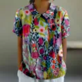 Chemisier Femme Manches Courtes Imprimé Floral Col Rabattu 3D Top Mode Artistique - XXS / Hauts / Imprimé Floral Artistique (D758-3)