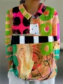 Damen abstrakter Kunstdruck Langarm Revershemd Freizeit Mode Button-Down Oberteil im Fruehling. - XS / Oberteile / Mehrfarbiger Künstlerischer Bemalter Druck