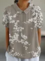 Damen Kurzarm Revers Bluse mit Blumenmuster, lässiges Sommer Oberteil für den Alltag - XXS / Khaki Druck (Stil 4)