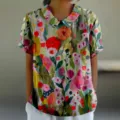 Femme décontracté imprimé floral revers manches courtes amples t-shirt 2025 mode haut - XXS / Hauts / Imprimé Texture Florale Créative (D758-4)