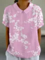 Damen Kurzarm rosa Blumenmuster Revers Bluse Freizeit Sommer Hemd Oberteil im Alltag - Rosa Druck (Stil 5)