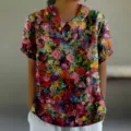 T-shirt élégant à revers et imprimé floral manches courtes ample haut femme d'été - XXS / Hauts / Imprimé Floral Artistique Multicolore (D758-5)