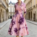 Ροζ μωβ tie-dye midi φόρεμα με V λαιμόκοψη, κομψή μεσάτη παραλλαγή με 3D τύπωμα - XS / Dresses / Ροζ Μοβ Tie-dye (Στυλ 3)