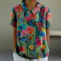 Élégant Imprimé Floral Artistique Col Rabattu Manches Courtes T-Shirt Femme Vert Variant - XXS / Hauts / Imprimé Floral Artistique (D758-6)
