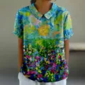 Nouveau T-shirt Polo Femme Casual Manches Courtes Imprimé Peinture À l'Huile 3D Élégant - XXS / Hauts / Imprimé Mer de Fleurs Soleil Peinture à l'Huile (D758-7)