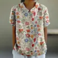 Chemisier ample pour femme avec imprimé floral vintage et col rabattu pour le quotidien. - XXS / Hauts / Imprimé Floral Artistique (D758-8)