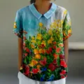 T-shirt décontracté à revers imprimé floral 3D pour femmes, haut artistique chic. - XXS / Hauts / Imprimé Floral Texture Peinture à l'Huile (D758-9)