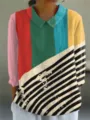 Women's Casual Long Sleeve Lapel Colorblock Abstract Print Blouse Fashion Autumn Shirt - XS / Style 3 / Mixed Stripe Patchwork
