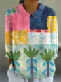 Women's long sleeve collared shirt with colorful abstract patchwork and botanical digital print. - XS / Style 4 / Floral Abstract Patchwork