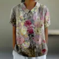 T-shirt décontracté ample à manches courtes et col revers imprimé floral pour femme été style - XXS / Hauts / Imprimé Floral Artistique Style Peinture à l'Huile (D758-10)
