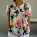 T-shirt décontracté pour femme à manches courtes, imprimé floral artistique ample. - XXS / Hauts / Imprimé Texture Florale Créative (D758-11)