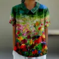 T-shirt femme décontracté à revers et manches courtes avec imprimé floral 3D artistique. - XXS / Hauts / Imprimé floral créatif style peinture à l'huile (13-D758)