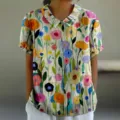 Chemisier femme imprimé floral col rabattu manches courtes, haut d'été décontracté élégant. - XXS / Hauts / Imprimé floral multicolore artistique (14-D758)
