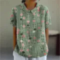 Chemisier decontracte ample pour femme a manches courtes et col revers imprime de fleurs raffinees. - XXS / Hauts / Imprimé Floral Rose Vert (15-D758)