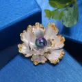 Vintage peony flower brooch detail shot, exquisite gold-plated edges with colorful center bead. - Gilded White (Black Pearl)