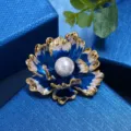 Vintage Chinese style enamel peony flower brooch with center pearl, elegant clothing accessory. - Gilded Blue and White (White Pearl)