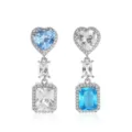 Koreaanse luxe hart aquamarijn lange kristal asymmetrische oorbellen nieuwe stijl - Platina Verguld Colorblock Hart (EP5581) / Aqua