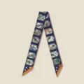 Elegant dark blue silk twilly scarf with vintage illustrated bottles for handbag decoration. - Navy Blue