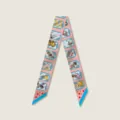Narrow pink twilly scarf with jar illustrations and blue ends for handbag handle decoration. - Pink