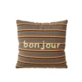 Vista detallada del cojín de rayas con bloques de color horizontales y texto bonjour. - Funda 35x35cm Sin Núcleo / Cachorro Maillard Crema C