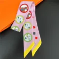 Silk twill skinny scarf featuring equestrian horse and heart print with contrast color ends detail. - 32