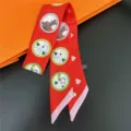 Red twill silk skinny scarf with cute equestrian and heart prints, stylish hair band. - 35