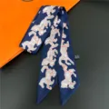 Blue silk twilly scarf with elegant horse print, premium satin fabric for hair band and neck use. - 6