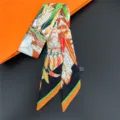 Women silk twilly scarf narrow feather print luxury style hair band chic neckerchief 90cm. - 21