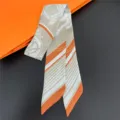 Luxury orange silk twilly scarf, elegant carriage printed skinny neck scarf for women. - 26