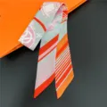 Luxury silk twilly scarf with carriage print, orange and blue hair accessory ribbon. - 27
